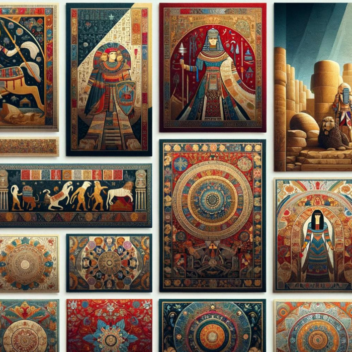 "A wide assortment of tapestries displayed side by side, showcasing various designs including floral patterns, abstract art, historical scenes, and geometric shapes, in a vibrant palette of colors to represent the diversity in tapestry art