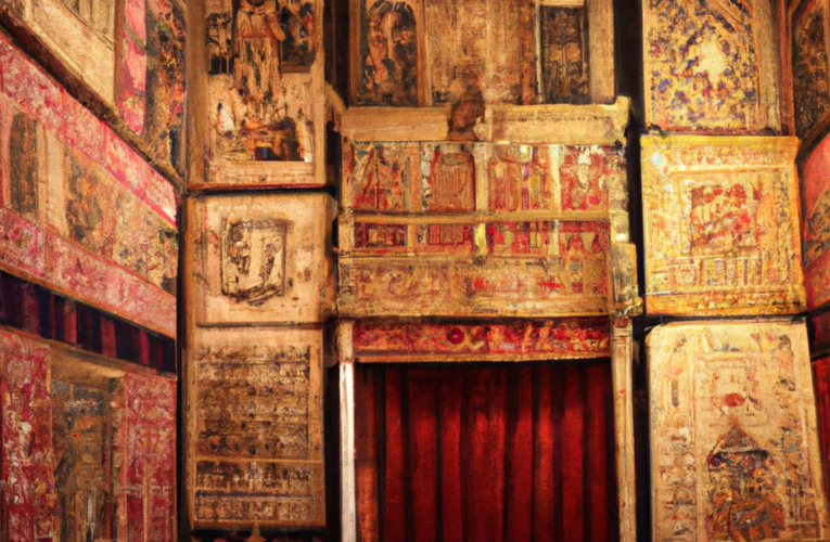 A grand tapestry hanging in a royal court, showcasing intricate designs and vibrant colors