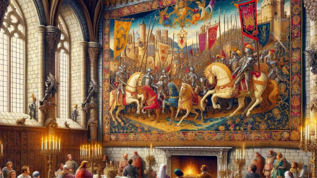 A collection of intricate medieval tapestries depicting historical scenes and motifs.