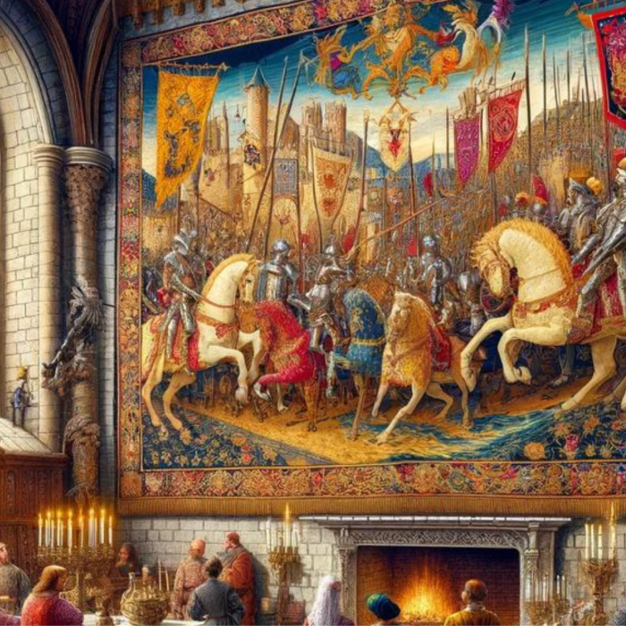A collection of intricate medieval tapestries depicting historical scenes and motifs.