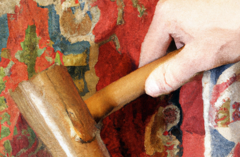 A person gently cleaning a beautiful tapestry with a soft brush, focusing on intricate details.