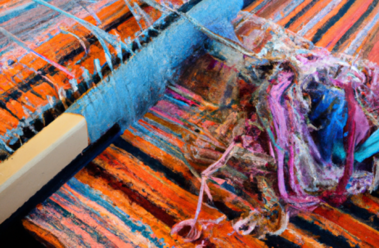 Close-up of a wool weaving tapestry in progress, showcasing intricate patterns and vibrant colors.