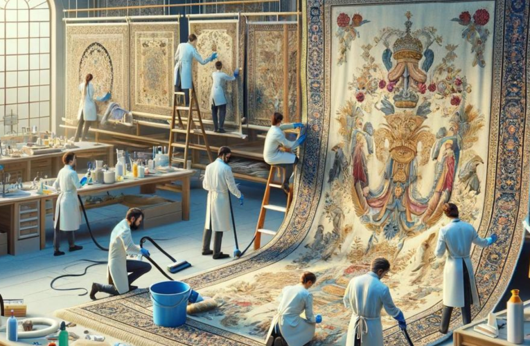 Professionals in a conservation studio delicately cleaning tapestries with specialized equipment and solutions.