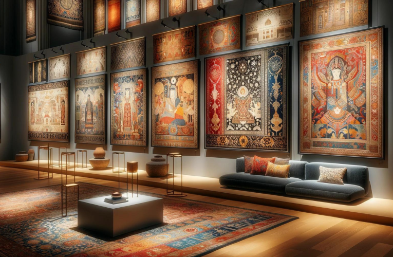 A gallery setting showcasing a diverse collection of tapestries, each reflecting different cultural influences through intricate patterns and vibrant colors.