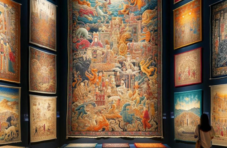 An exhibition of tapestries depicting cultural narratives from various parts of the world, showcasing intricate designs that represent myths, historical events, and everyday life in vivid colors.