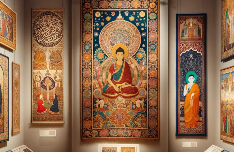 A gallery displaying diverse religious tapestries from around the world, each highlighting unique cultural designs.