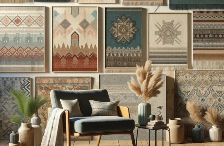 A collection of tapestries representing different decor styles around a mid-century modern chair.