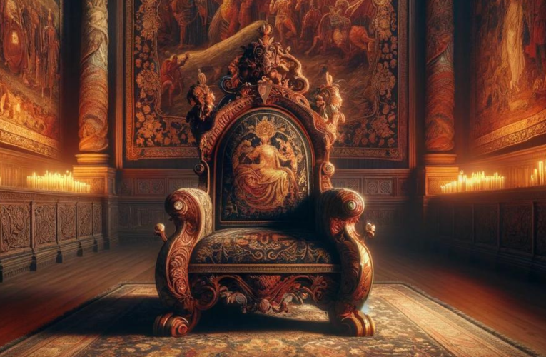 A grand, dimly lit hall in a Renaissance or Medieval setting, featuring a throne upholstered in rich tapestry amidst wall tapestries.