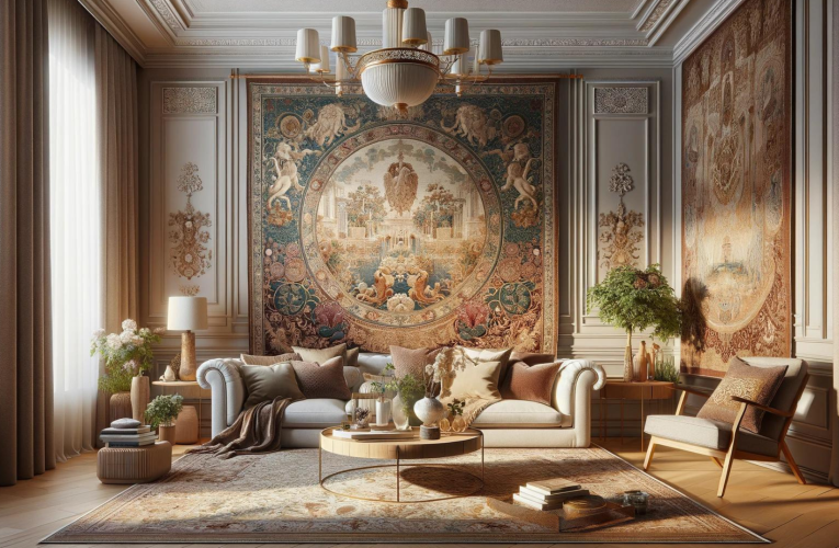 A spacious, elegantly decorated room with a large, detailed tapestry as the focal point on the wall, complemented by high-quality, chic furniture and tasteful decorative items.