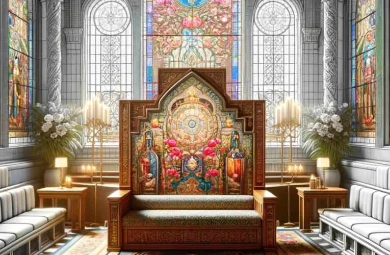 An elegantly designed religious setting featuring tapestry furniture with intricate religious motifs, complemented by stained glass windows and sacred art.