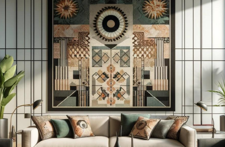 A modern living room with tapestry furniture featuring bold, abstract patterns.