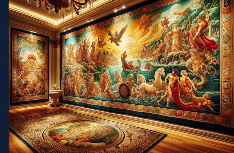 An elegant showroom featuring a collection of mythological theme tapestries, depicting Greek gods, Norse mythology, and Hindu epics in vibrant colors and intricate designs.