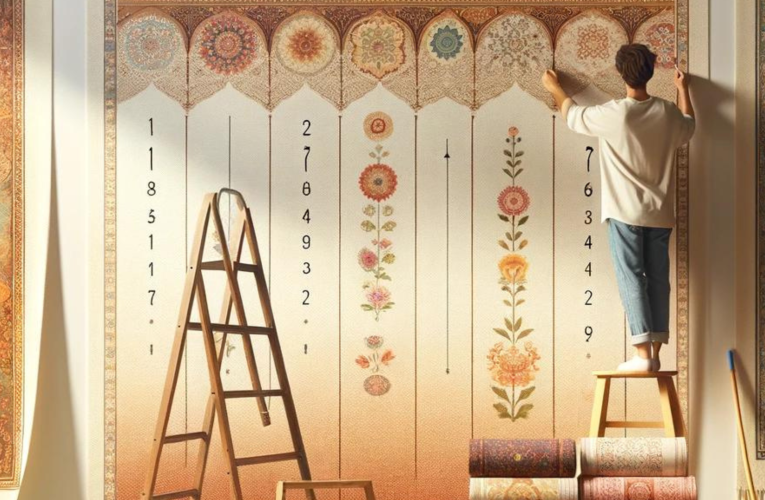 A person on a ladder marking points on a freshly painted wall, with tools and folded tapestries on nearby tables, preparing to hang tapestries.
