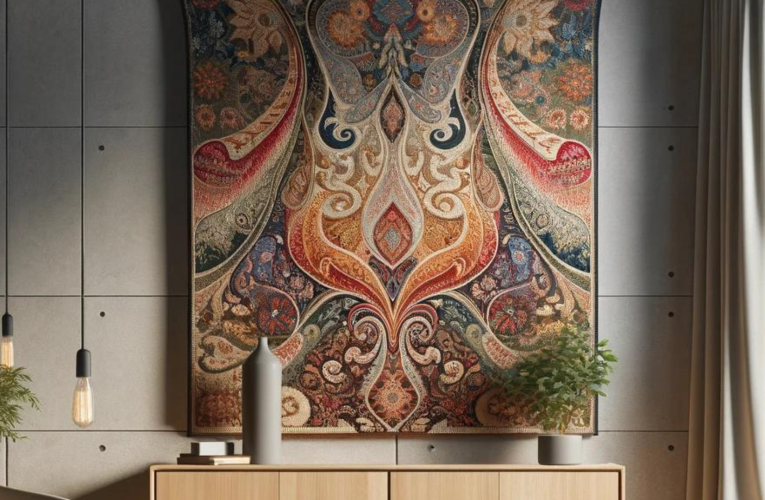 An exquisite tapestry draped over a sleek, contemporary wooden sideboard in a modern, minimalist living space.