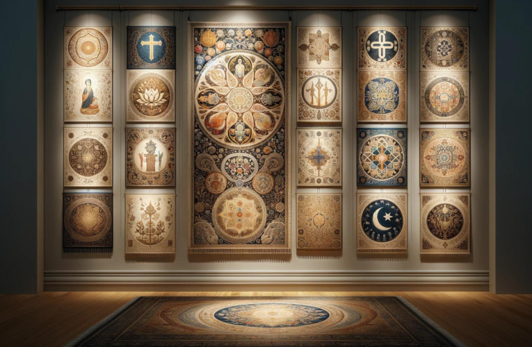 A collection of tapestries adorned with religious symbols, including the lotus flower, the cross, and the crescent moon and star, displayed against a light-colored wall in a tranquil setting.