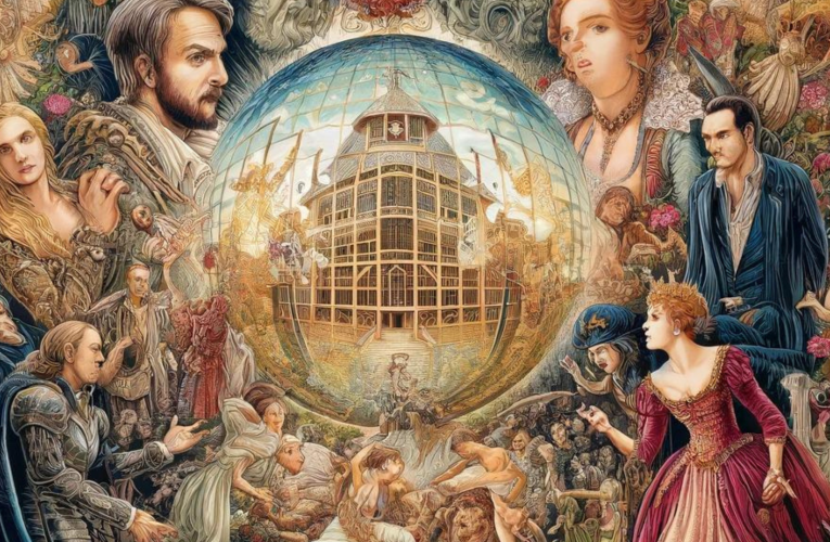 A detailed tapestry featuring iconic scenes from Shakespearean plays, including the Globe Theatre, Hamlet, Romeo and Juliet, Macbeth, and A Midsummer Night's Dream, with Elizabethan motifs in the background.