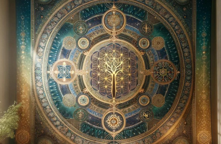 Spiritual connection tapestries featuring symbols like the tree of life and mandalas, in hues of blue, gold, and green.