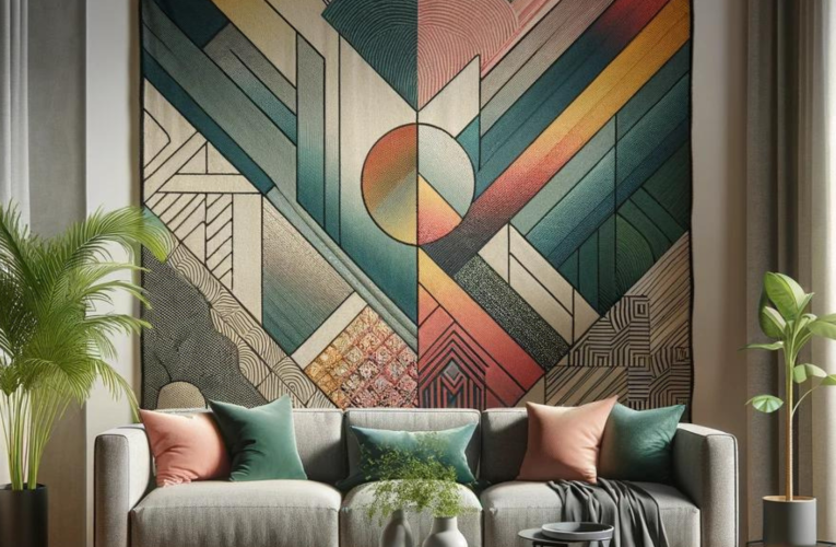 A modern living room featuring a large, colorful tapestry with an abstract, geometric design on the main wall, surrounded by minimalist decor including a gray sofa, low-profile coffee table, and a small green plant.