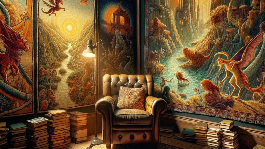 A cozy reading nook surrounded by tapestries depicting scenes from literature and popular culture, including a fantasy novel and a science fiction film, with a comfortable armchair, books, and a vintage film projector.