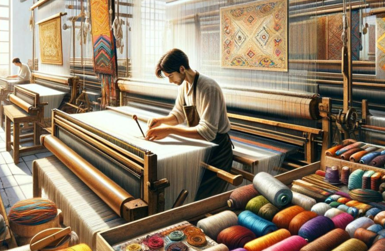 Artisans skillfully weaving tapestries on large looms in a modern workshop, surrounded by colorful threads and yarns, emphasizing craftsmanship and detail.