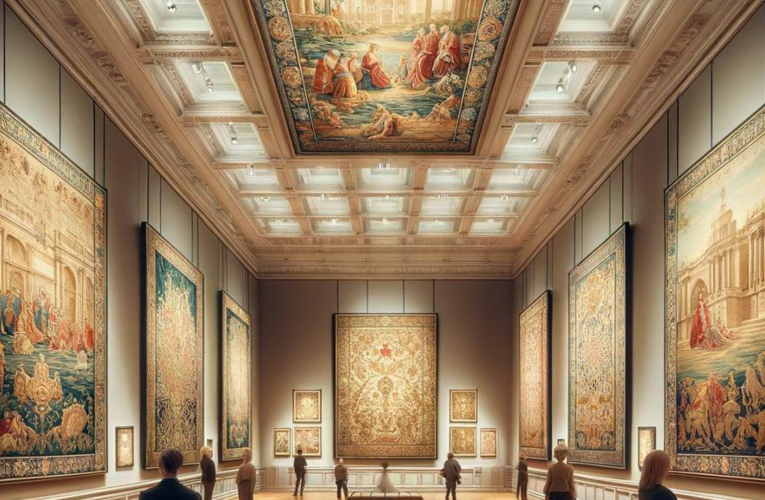 An elegant tapestry gallery room with high ceilings and diffused lighting, displaying various framed tapestries on neutral-colored walls and art enthusiasts admiring the art.