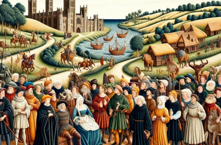 A detailed tapestry illustrating "The Canterbury Tales," with pilgrims depicted amidst a medieval landscape.