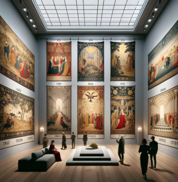 A chronological display of tapestry art evolution in a gallery, from medieval scenes to contemporary abstract designs, showcasing cultural and artistic milestones.