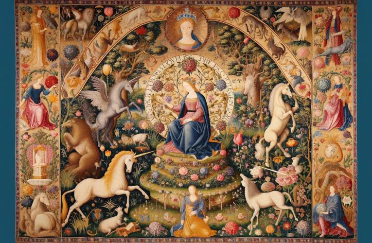 A modern reinterpretation of "The Lady and the Unicorn" tapestries, featuring a noble lady and a unicorn in a detailed garden with a millefleur background.