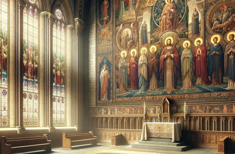 Tapestries depicting religious scenes hang on the walls of a serene, light-filled church interior.