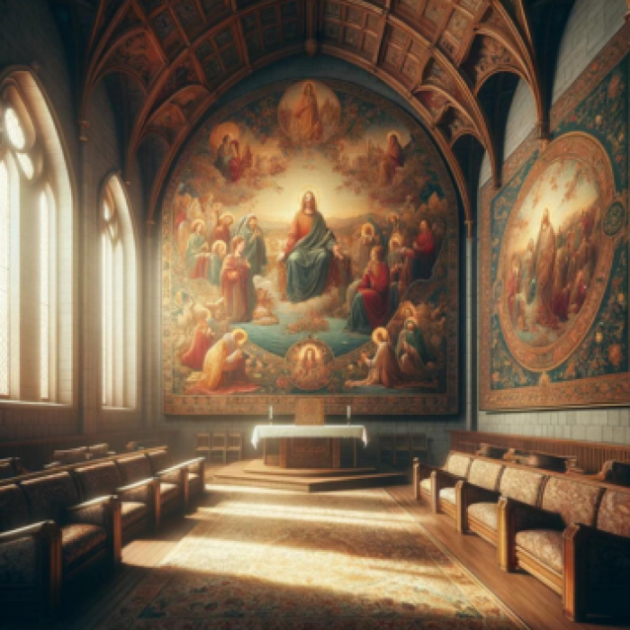 A tranquil chapel interior illuminated by natural light, showcasing walls adorned with sacred tapestries depicting religious motifs and stories.