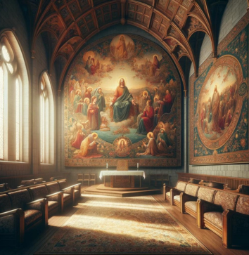 A tranquil chapel interior illuminated by natural light, showcasing walls adorned with sacred tapestries depicting religious motifs and stories.