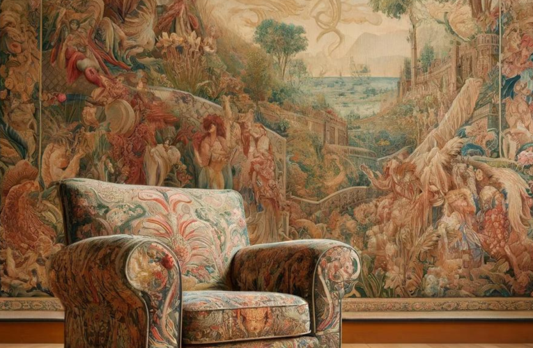 An armchair upholstered in vibrant tapestry fabric, mirroring the elaborate tapestry hanging on the wall behind it, both depicting a detailed landscape.