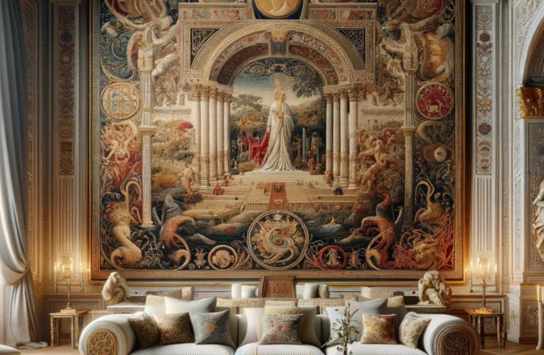 An elegant piece of furniture upholstered with a tapestry depicting motifs from ancient civilizations, placed in a grand room adorned with artifacts.