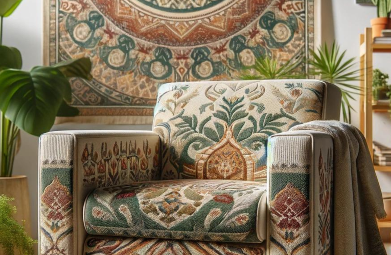 A stylish armchair upholstered with vibrant, eco-friendly tapestry fabric, surrounded by green plants in a naturally lit room.