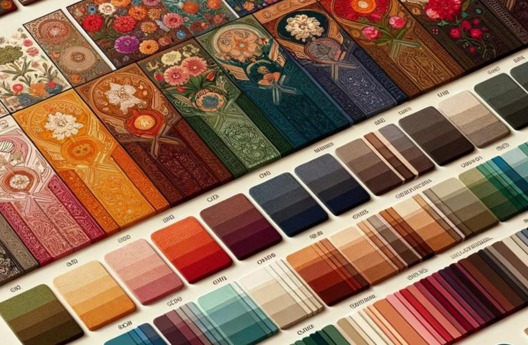 A series of color swatches inspired by tapestry hues, ranging from deep earthy tones to vibrant colors, interspersed with illustrations of tapestry motifs.