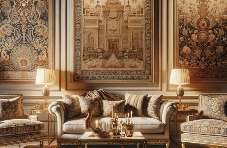 A luxurious interior with tapestry-covered furniture and decorative wall tapestries.