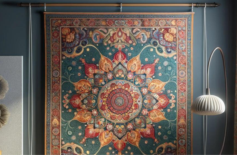 A vibrant tapestry with intricate patterns hung on a wall using an elegant tapestry rod, in a stylishly designed room.