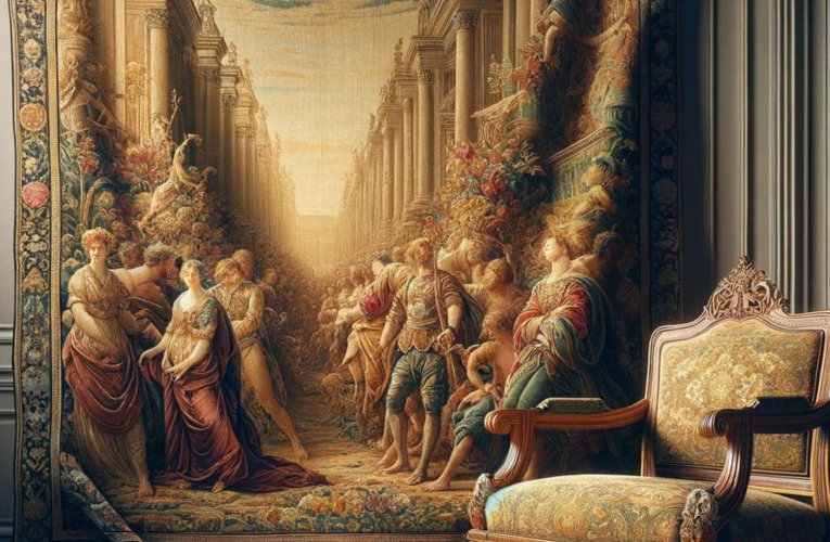 A detailed tapestry depicting a historical event draped over an ornate wooden chair, set in a softly lit room.