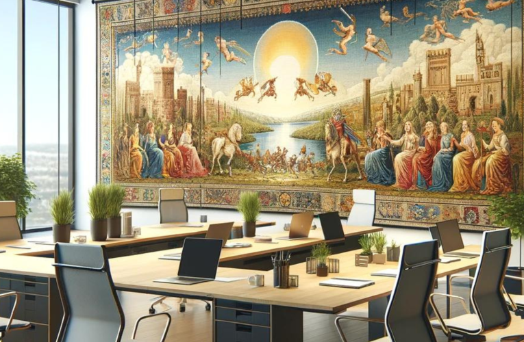 Modern office space with storytelling tapestries depicting myths and stories on a wall, complemented by minimalist furniture and natural light.