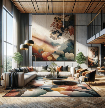 A contemporary living area featuring a vibrant, abstract tapestry as the focal point on the main wall, complemented by minimalist furniture and natural light.
