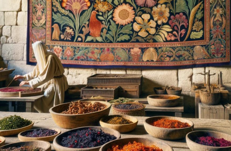 n artisan in an ancient workshop applies natural dyes to a vibrant tapestry adorned with intricate flora and fauna patterns, surrounded by bowls of natural dye ingredients.