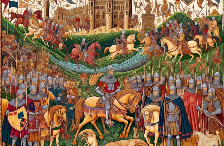 An illustration inspired by the Bayeux Tapestry, depicting knights, horses, and figures from the Norman Conquest with a border of intricate patterns and symbols representing cultural and historical narratives.