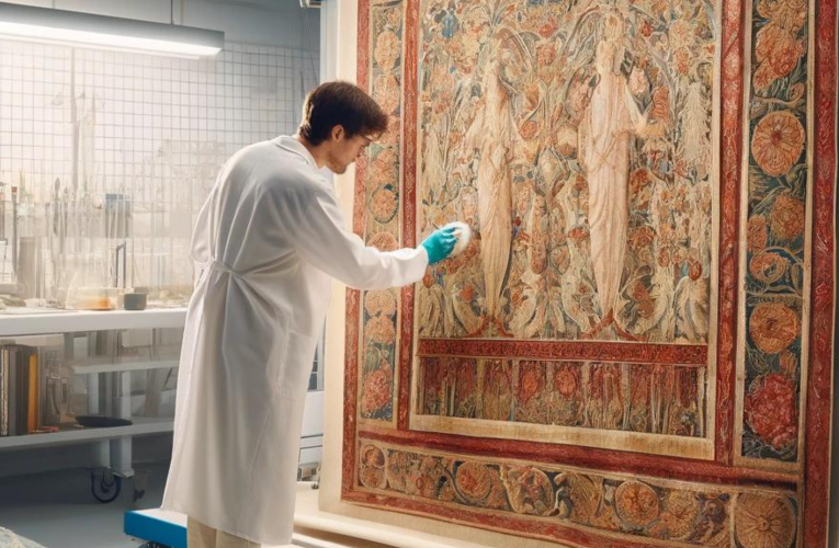 A tapestry conservator, dressed in a lab coat, gently cleans a large, detailed tapestry in a well-lit conservation studio, using soft brushes and specialized solutions.