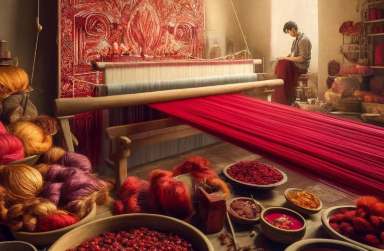 A traditional weaving workshop with artisans crafting a tapestry using natural cochineal dyes, showcasing the intricate red hues on a loom, with natural light highlighting the rich colors and meticulous dyeing process.
