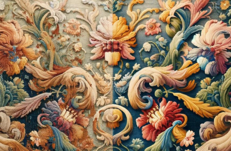 A tapestry split into two halves: the left side faded and aged before restoration, and the right side vibrant and detailed, showcasing the effects of color restoration.