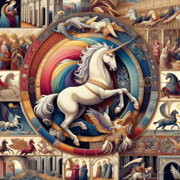 A detailed collage of famous tapestries, including the mythical "Unicorn Tapestries", the abstract works of Anni Albers, and selected medieval and Renaissance tapestries, showcasing the evolution of tapestry art from ancient to modern times.