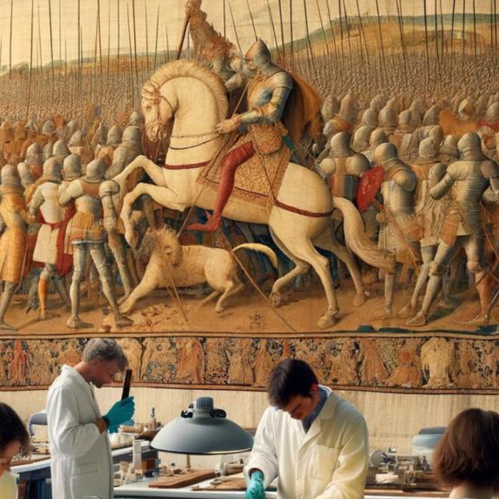 A detailed view of a conservation lab where a medieval battle scene tapestry is being restored. Conservators in white lab coats meticulously use tools to preserve the intricate fabric.