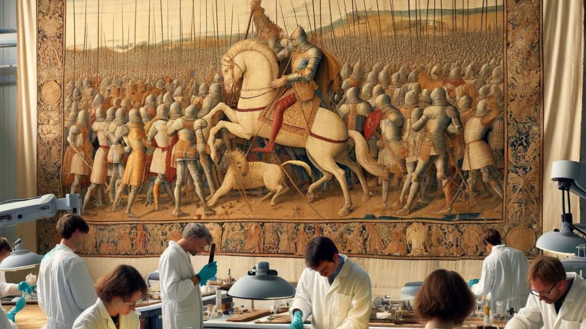A detailed view of a conservation lab where a medieval battle scene tapestry is being restored. Conservators in white lab coats meticulously use tools to preserve the intricate fabric.