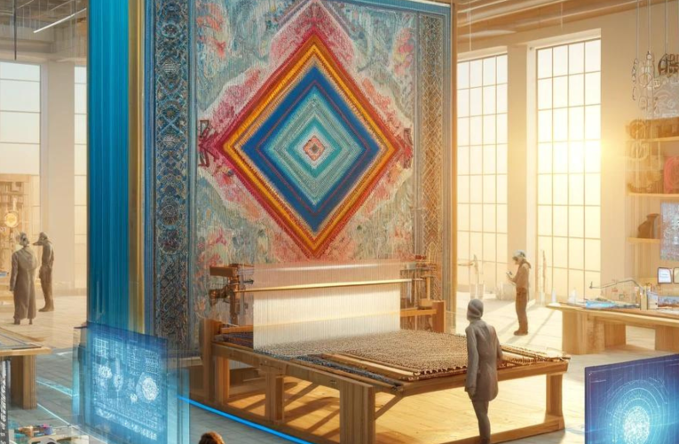 A modern art studio showcasing the integration of advanced technology with traditional tapestry art. Artists and engineers collaborate using digital tools and robotic technology to create a colorful tapestry.