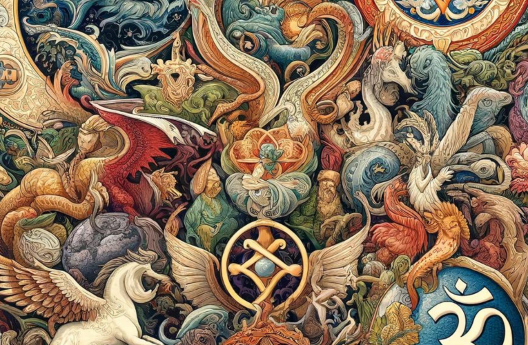 A vibrant tapestry blending mythological creatures and religious symbols, including dragons, phoenixes, unicorns, a Christian cross, Islamic crescent moon, Jewish Star of David, and Hindu Om symbol, interwoven with floral and geometric patterns, symbolizing unity among various beliefs.